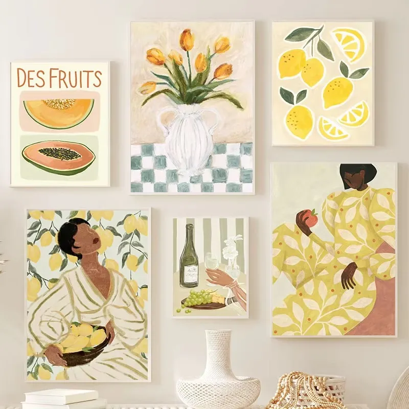 Retro Pajama Girl Lemon Flowers Vase Abstract Gallery Canvas Painting Poster Wall Art Pictures Prints for Living Room Decor Gift