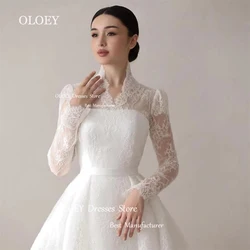 OLOEY-Exquisite Marfim Lace Vestidos De Casamento, Alta V-Neck, mangas compridas, Sweep Train, Pérolas Voltar, árabe, personalizado