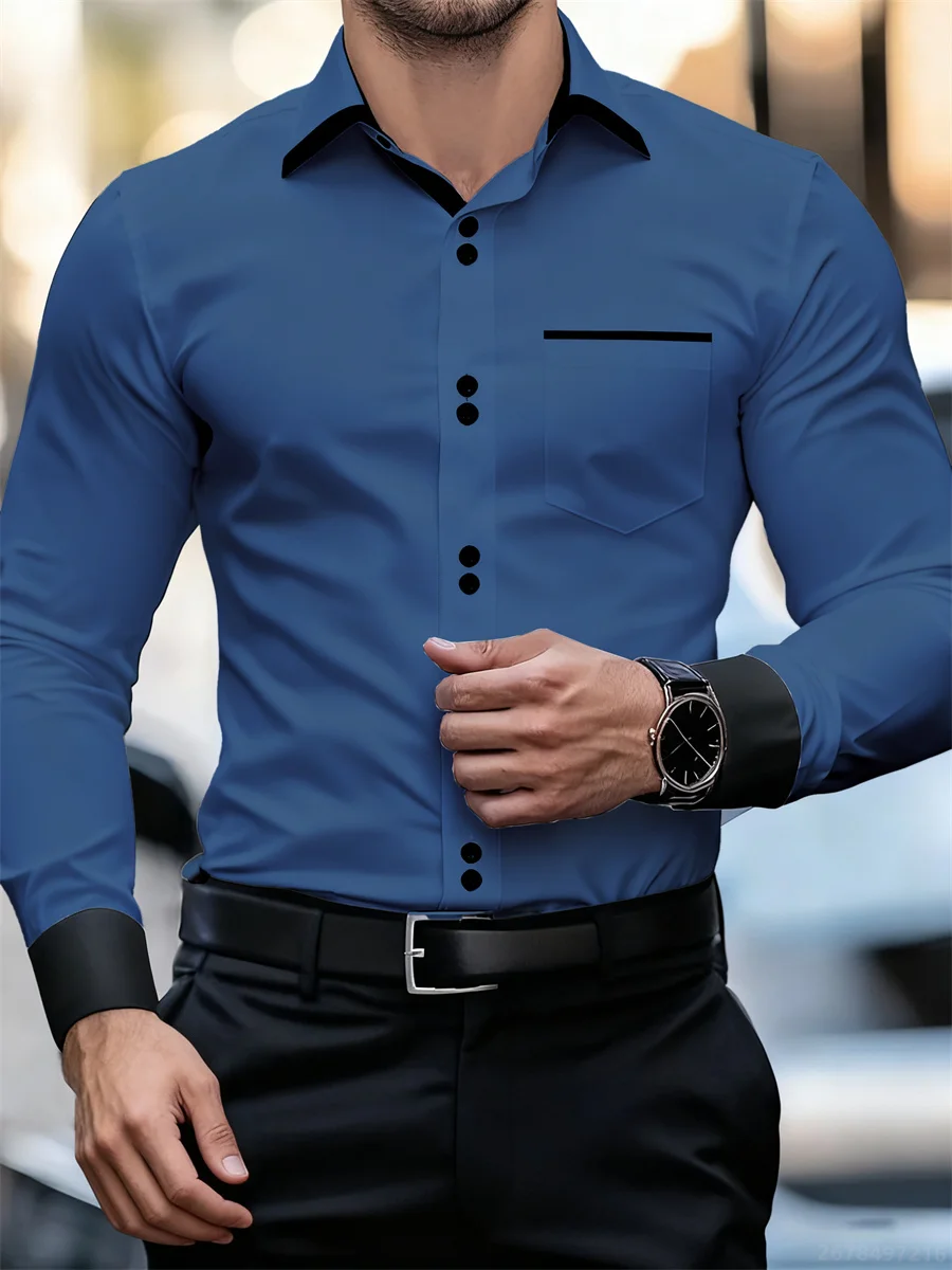 Zakelijk overhemd met lange mouwen voor heren, kleurblokken, slim fit, kreukvrij, zwart en wit patchwork overhemd, herenmode top