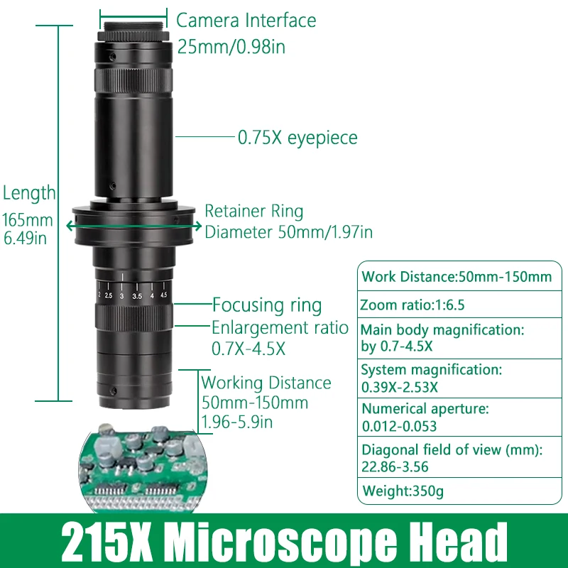 YIZHAN Adjustable HD Microscope Lens 215X 180X 150X 130X Zoom C Mount Lens Magnification Industrial Digital Microscope Head Used
