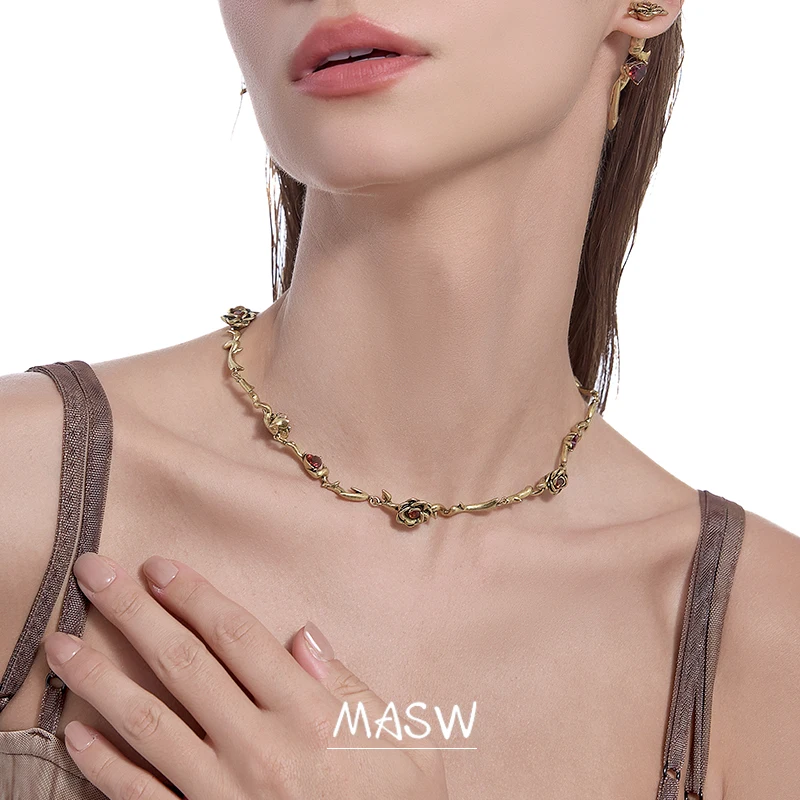 MASW Original Design Vintage Temperament High Quality Brass Rose Flower Necklace For Women Girl Party Wedding Gift Jewelry