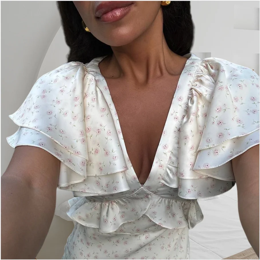 Moda impressa babados em camadas maxi vestido feminino sexy decote em v profundo manga queimada roupões finos 2025 verão férias jantar festa vestido