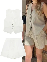 HH 2024 Women Casual Vintage Solid Vest Pant Suit Single Breasted V Neck Vest Top High Waist Slim Shorts Lady Office Sets
