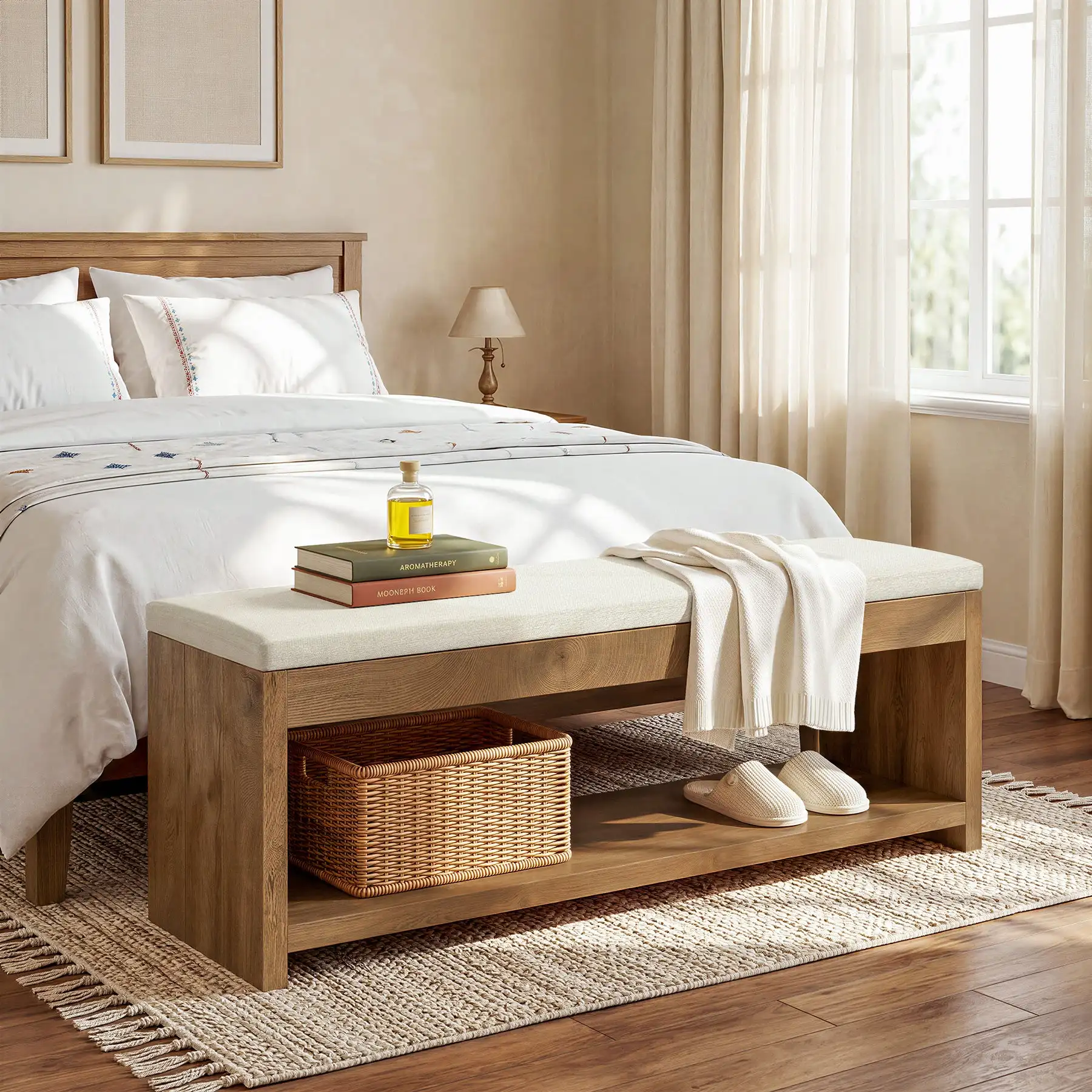 Upholstered End of Bed Bench, 55" Wooden Storage Bench with Shoe Rack