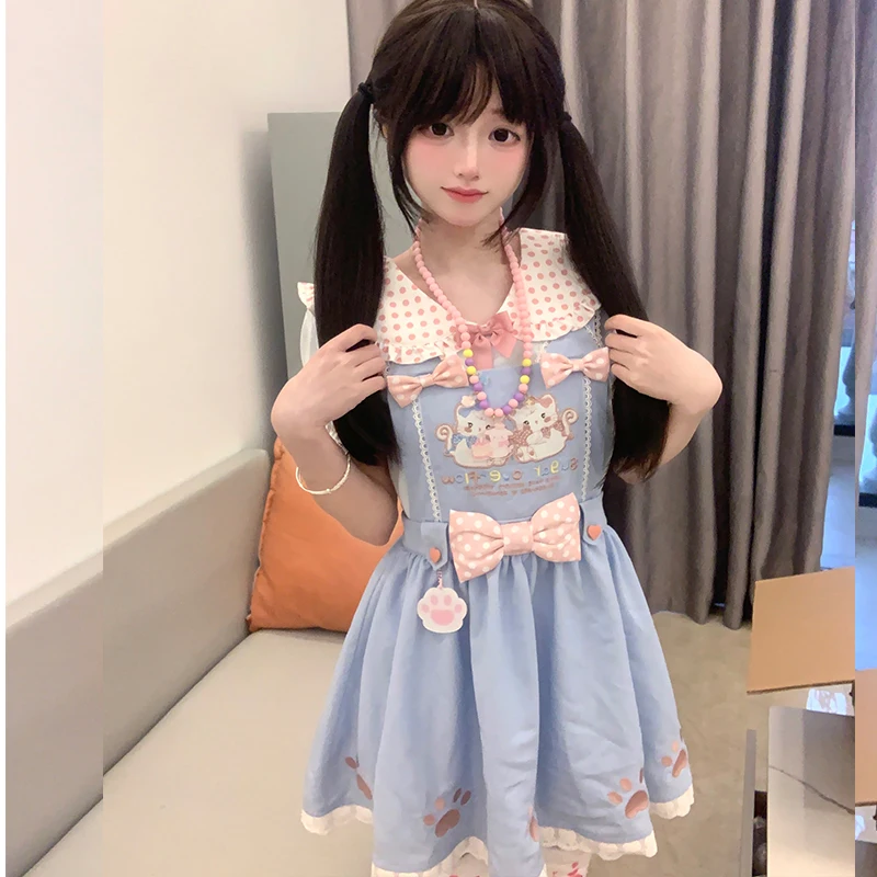 Original Kawaii Sweet Cute Daughter Dress Summer Girls Y2k Short Sleeve Cartoon Cotton T-shirt Bow Strap Dress 2 Piece Set
