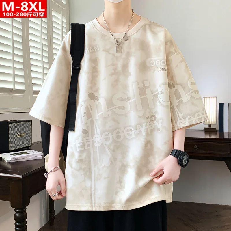 Summer Trendy Hong Kong Style Men's Printed Round Neck Short Sleeve T-Shirt, Plus Size Loose Casual Tee For Overweight Men