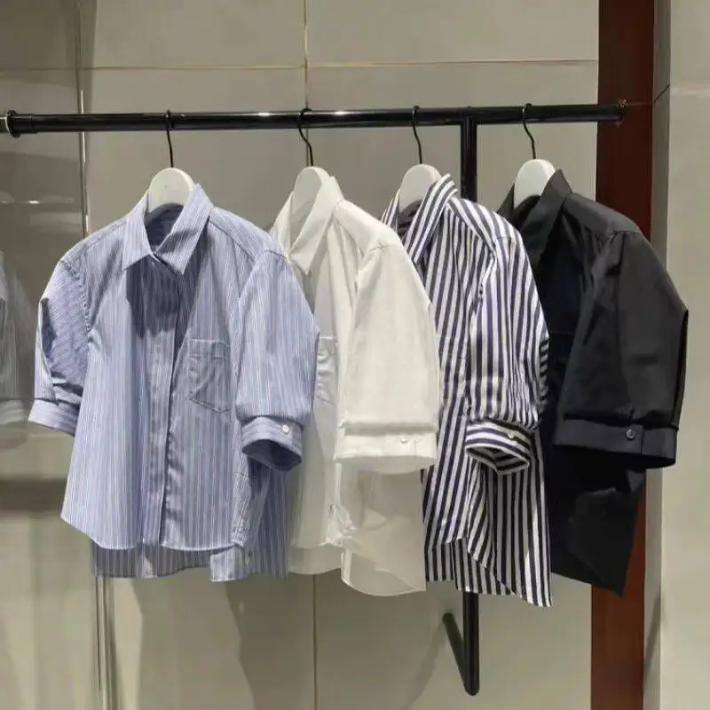 

SAC 25 Short Sleeve Shirt Loose Striped Shirt Casual Button POLO Neck Women