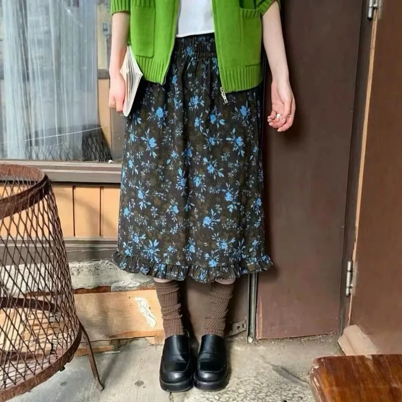Korean Fashion Vintage Polka Dot Corduroy A-Line Knee Length Skirt Autumn Winter Retro Kawaii Ruffle Hem Midi Skirts for Women