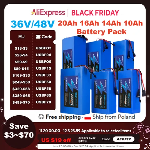 EU US Fast Delivery Aleaivy 36V/48V 18650 Battery Pack - 30A BMS,10 - 20Ah, Ultra - Long Range for 200 - 2000W Bike & Scooter