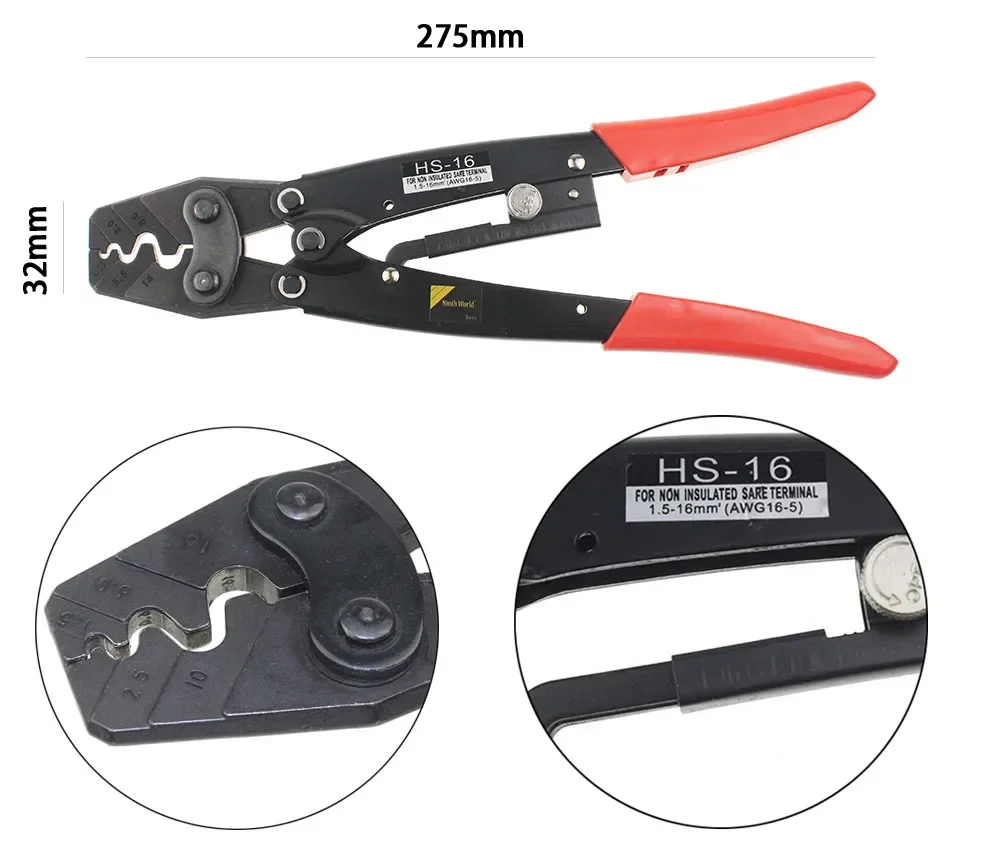 2025 Hot Sale Crimping Pliers HS-16 Cable Lug Dedicated Crimper Tool Bare Terminal Wire Plier Cutter 1.25-16 Square Millimeter