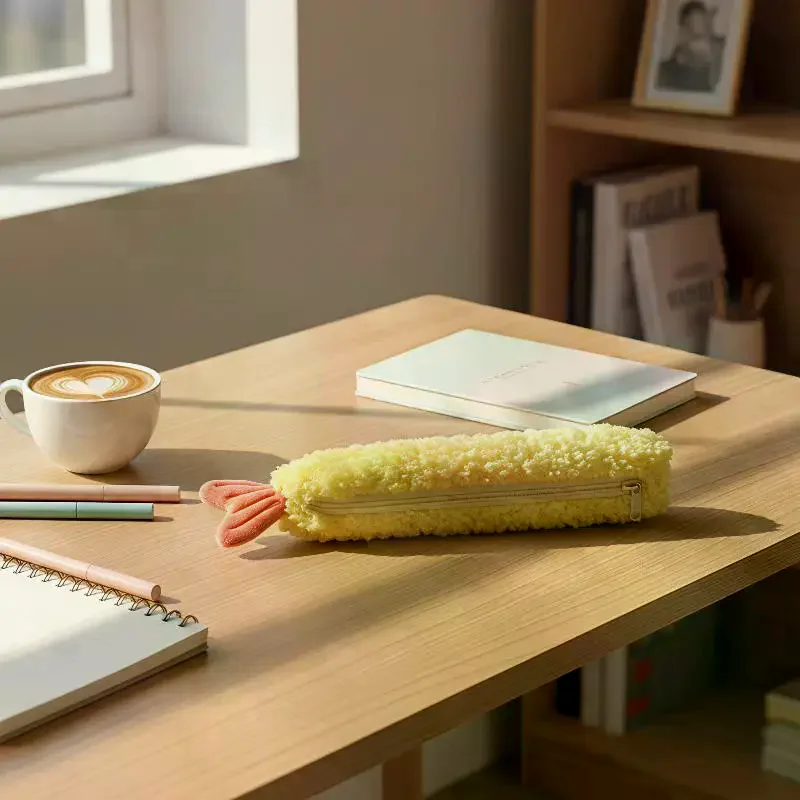 Super Cute Fried Shrimp Tail Ribbon Pen Case, Single-layer Portable Stationery Organizer With INS Style Fleece, Student Sch