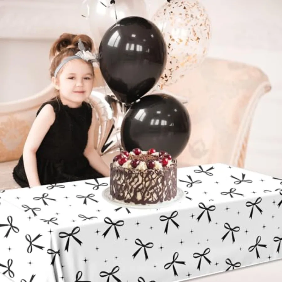3 Pack Black Bow Tablecloth Coquette White Black Bow Theme Party Decorations Disposable Rectangle Waterproof Table Cover for Wo