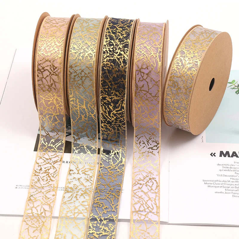 5 Yards Gold Silk Satin Organza Ribbon Glitter 3Cm Embroidered Onions Ribbons for Wedding Cake Gift Decoration Craft Supplies