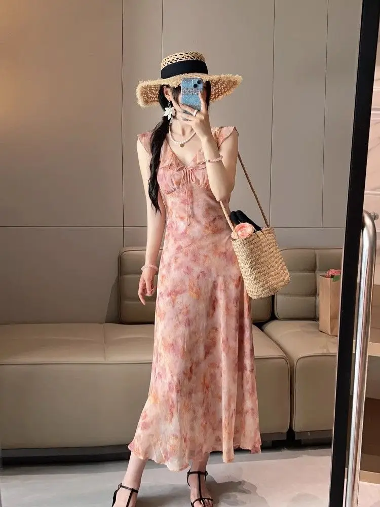 Summer Unique Pink Floral Print V-Ne Svel Long Dr Tea Break Holiday Sle High Waist A-Line Gown Commute Friendly