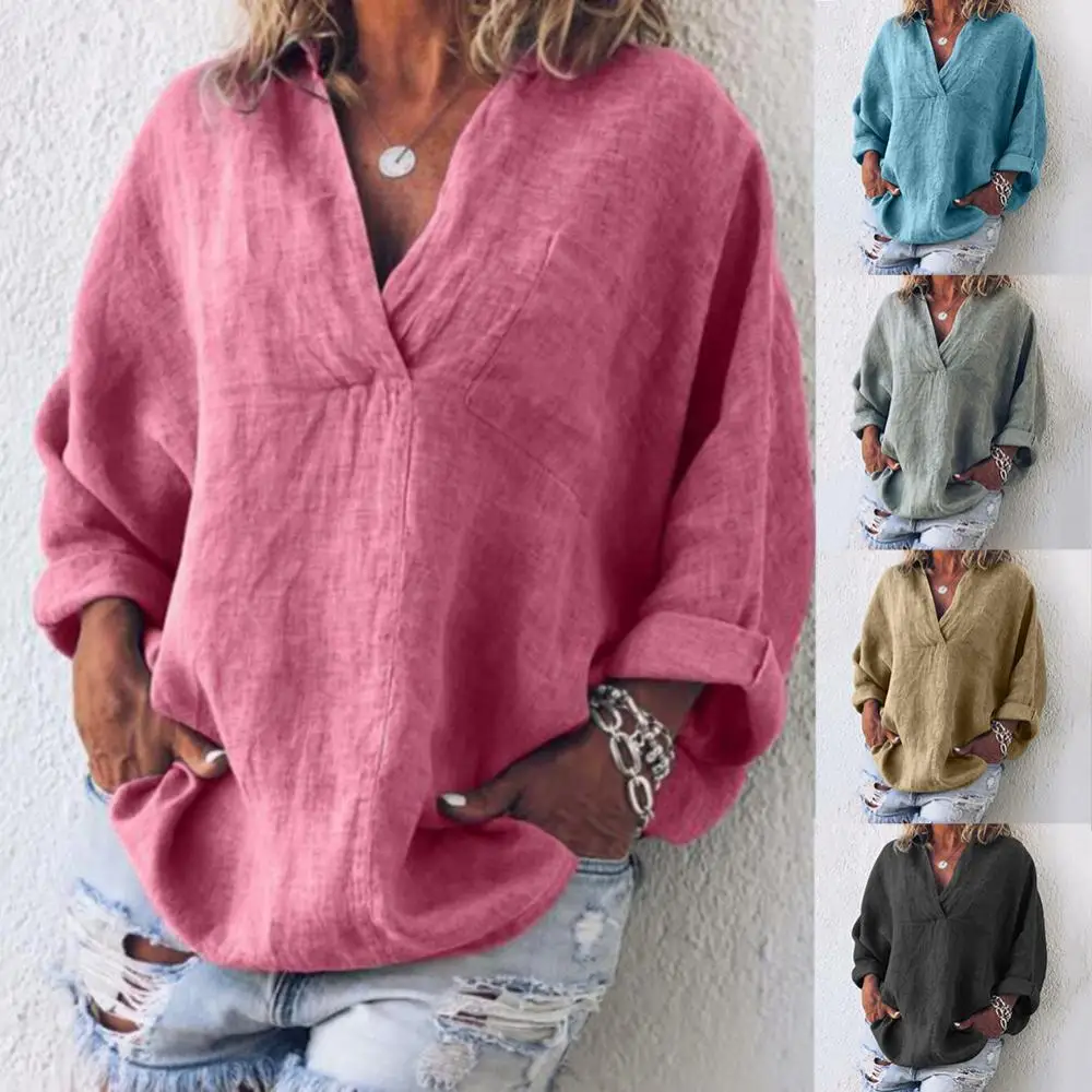 

Spring Casual Women Solid Color Loose Top Plus Size V Neck Long Sleeve T-Shirt