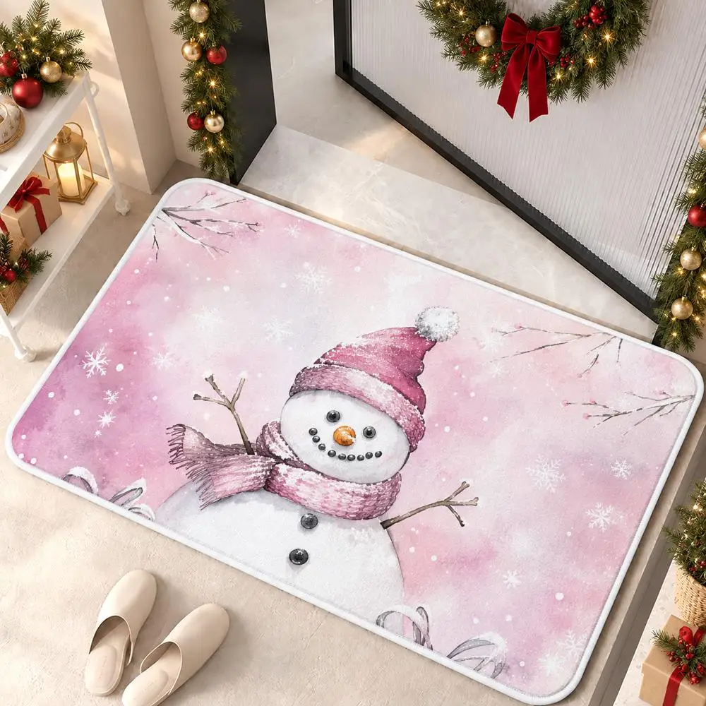 Pink Snowman Christmas Floor Mat Flannel Rug Soft Non Slip Door Mat for Bathroom Bedroom Kitchen Festival Home Decor