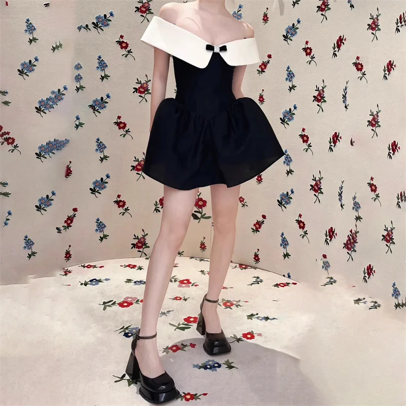 

Women's dress New Sexy off the shoulder mini dress for summer 2025 fishbone slim fit sleeveless short skirt y2k party dresses
