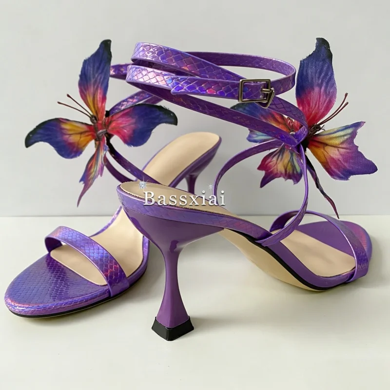 Vivid Butterfly-Flower Modern Sandals Women Unique High Heel Ankle Wrap Party Shoes For Girls Summer
