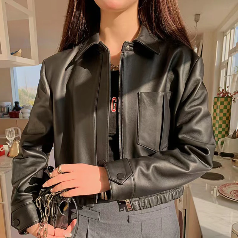 Women\'s Spring Jacket Real Sheepskin Street Style Length 48cm Lapel Zipper Elastic Hem Burgundy Short Jaqueta De Couro Legítimo