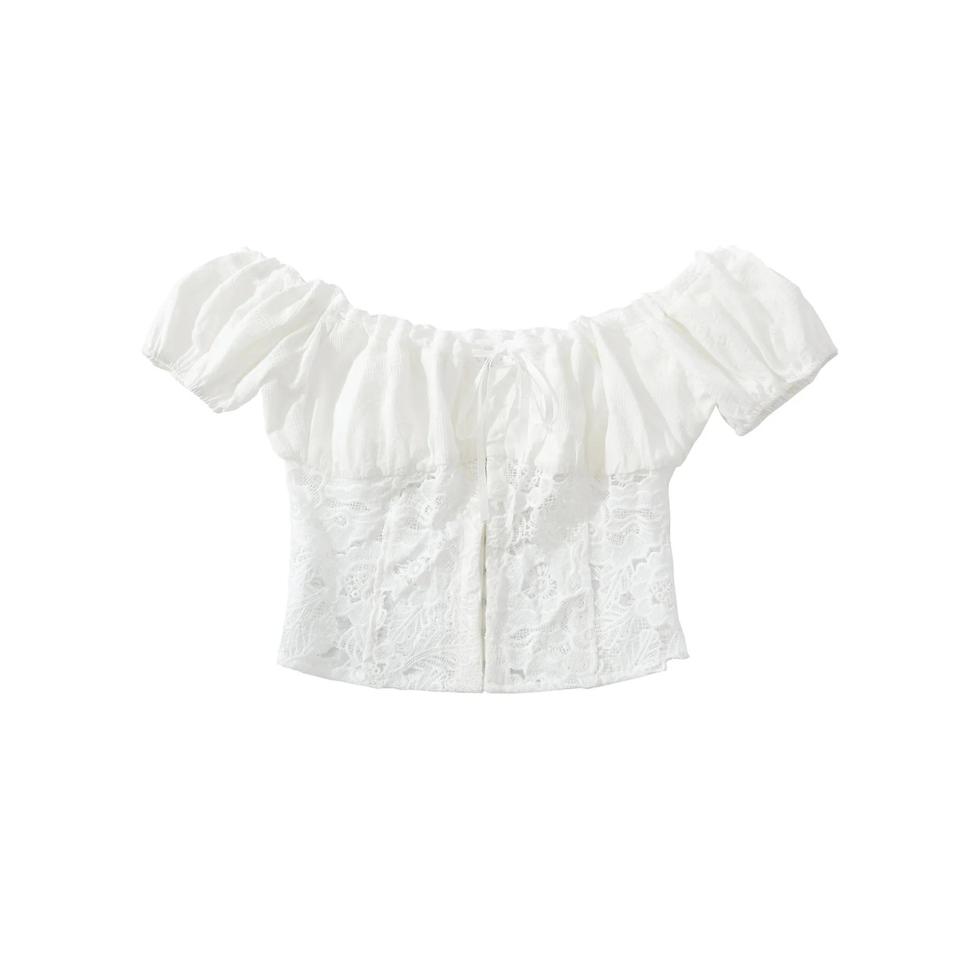 

Новая элегантная блузка с рюшами и изысканными кружевными вставками для женщин, сексуальный топ с широкими пышными рукавами и эффектом похудения, модель 9NEA