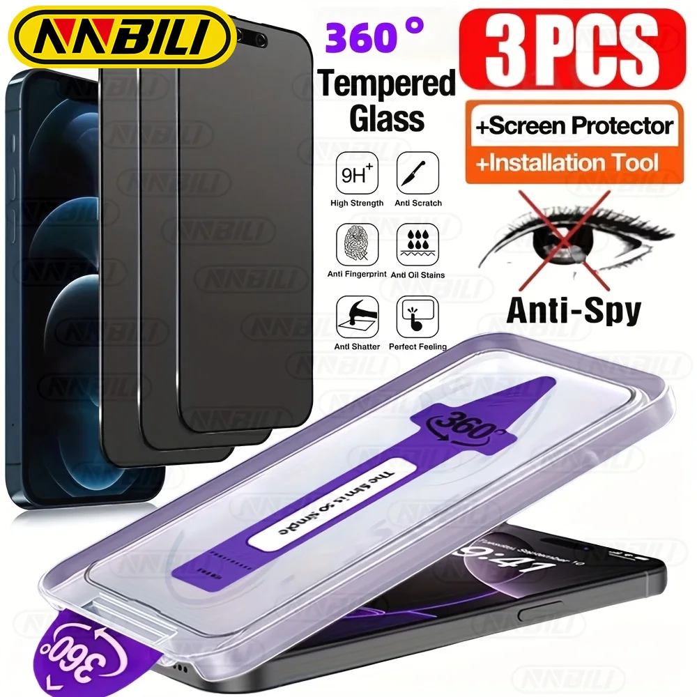 NNBILI 3-teiliges 4-Wege-Privatsphären-Set 360 °   Handy-Displayschutzfolien aus Gehärtetem Glas Entwickelt für iPhone 17 16 15 14 13 12 11 Pro Max Serie