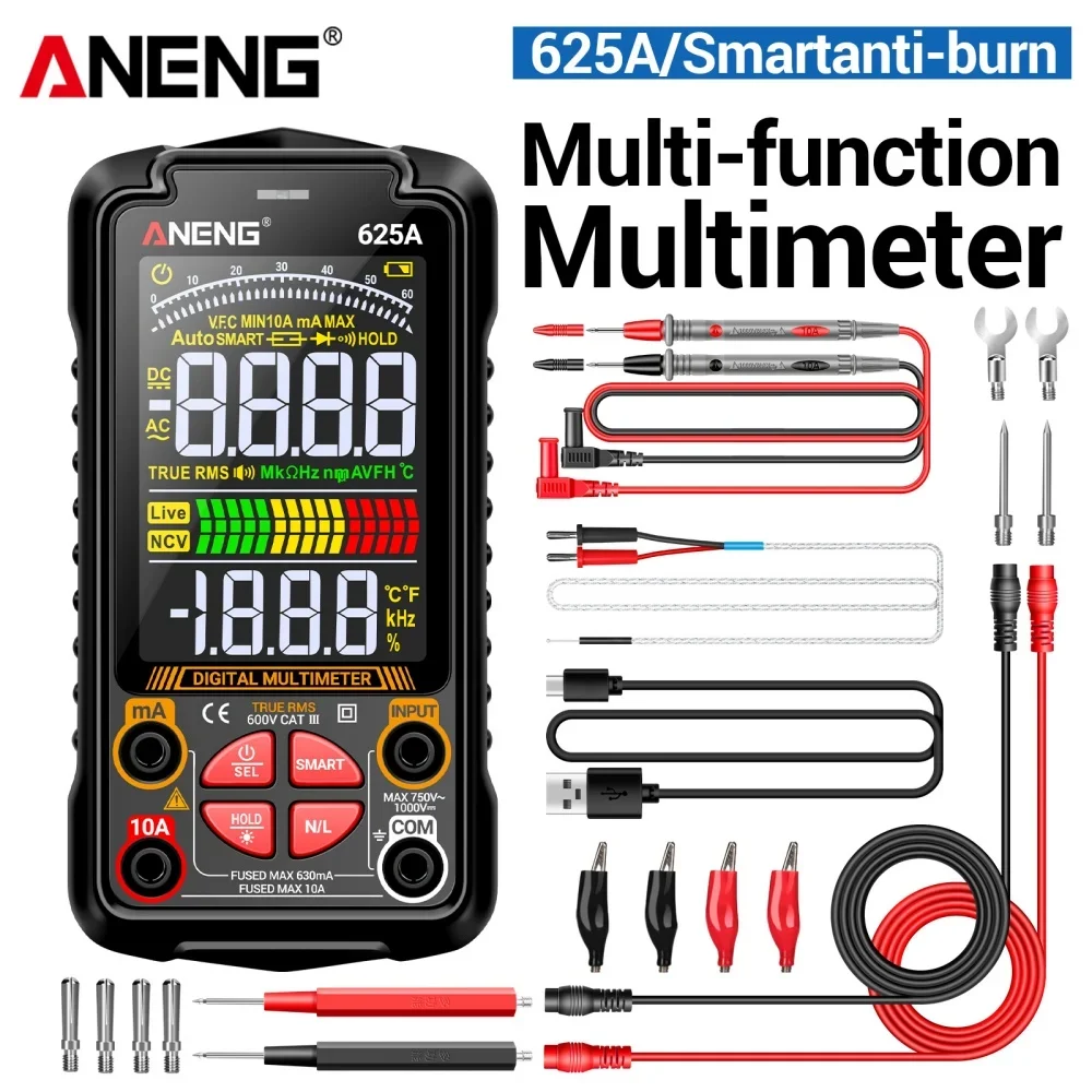 

ANENG 625A Digital Multimeters Voltage Multimetro Rechargable 1000V DC VA Color Screen Ohm AC Current Meter Hz NCV Test Tools