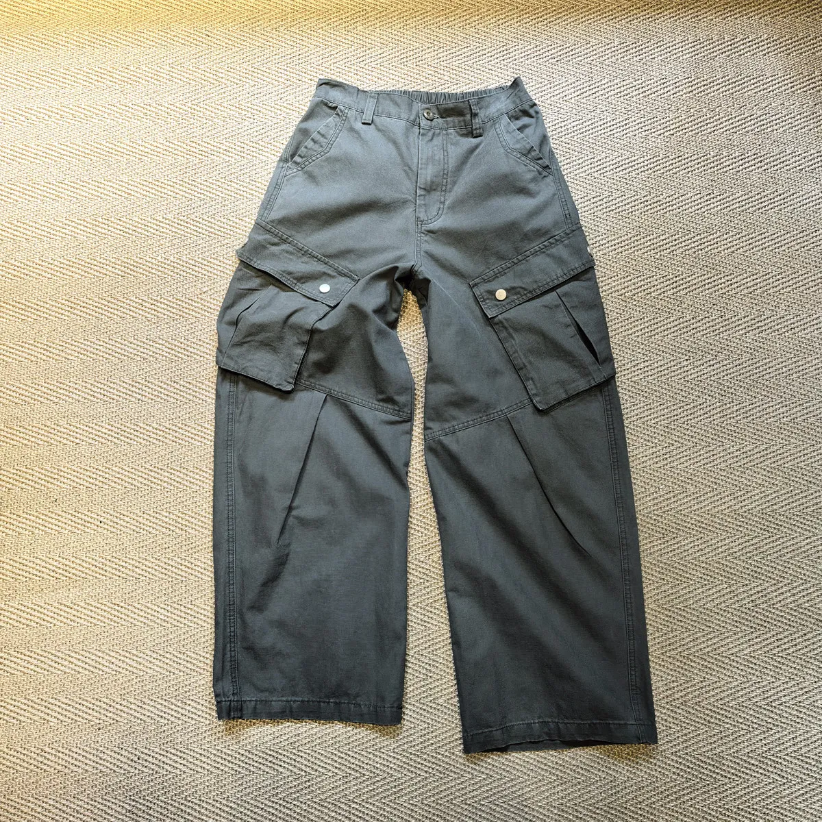 Amekaji Wear High Cost Performance French Work Blue Elastic Waist Retro Wide-Leg Pants Washed Colin Fee Vantage Overalls Pocket
