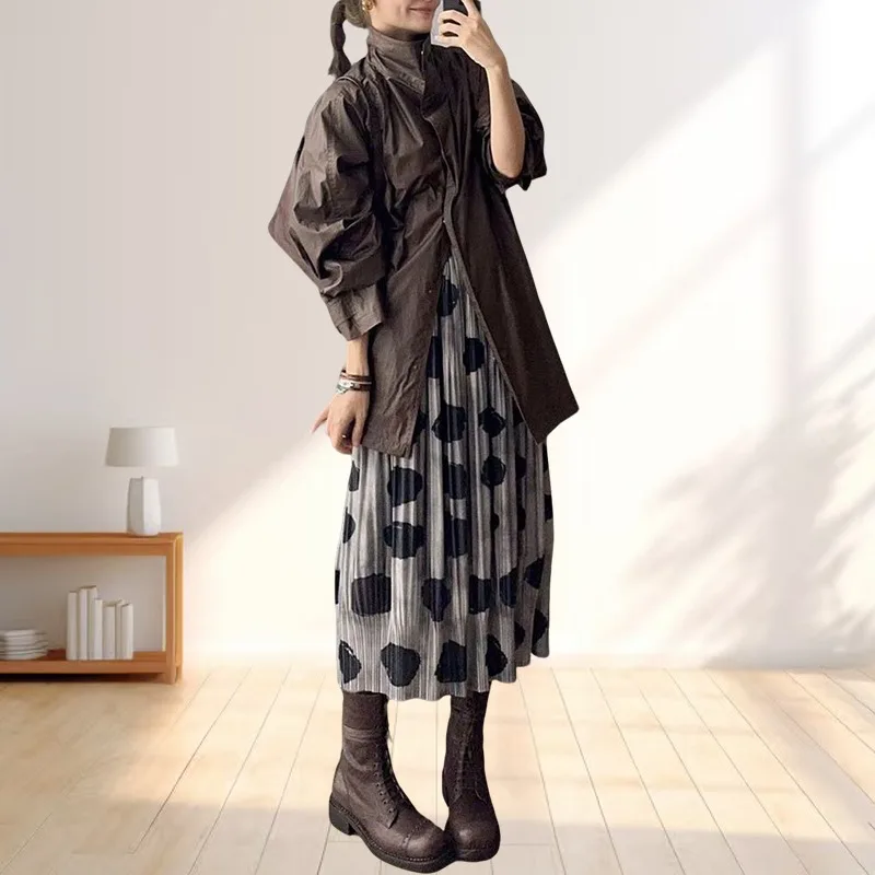 Miyake Pleated Black Polka Dot Half Skirt Women's Simple Casual Loose Fashion Versatile Commuter Clothing Korean Wearing