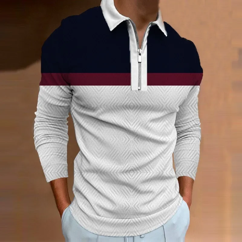 

Мужская рубашка-поло с цветными вставками, с длинным рукавом, с отложным воротником, повседневная, в европейском и американском стиле, мужская одежда