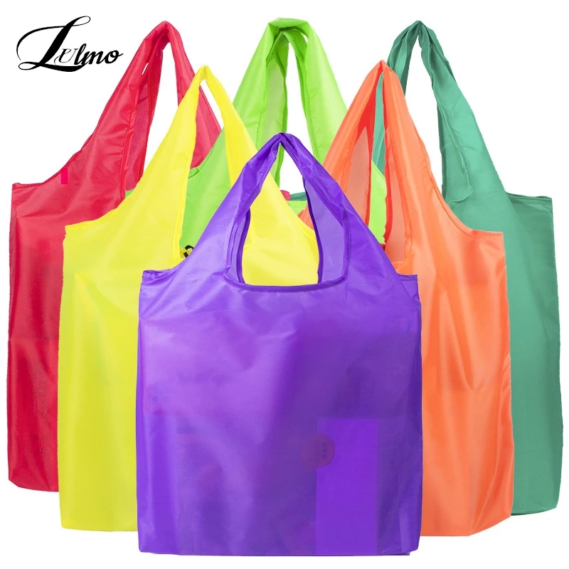 Solid Color Foldable Shopping Bag Reusable Travel Grocery Bag Eco-Friendly One Shoulder Handbag for Travel Supermarket Tote Bag