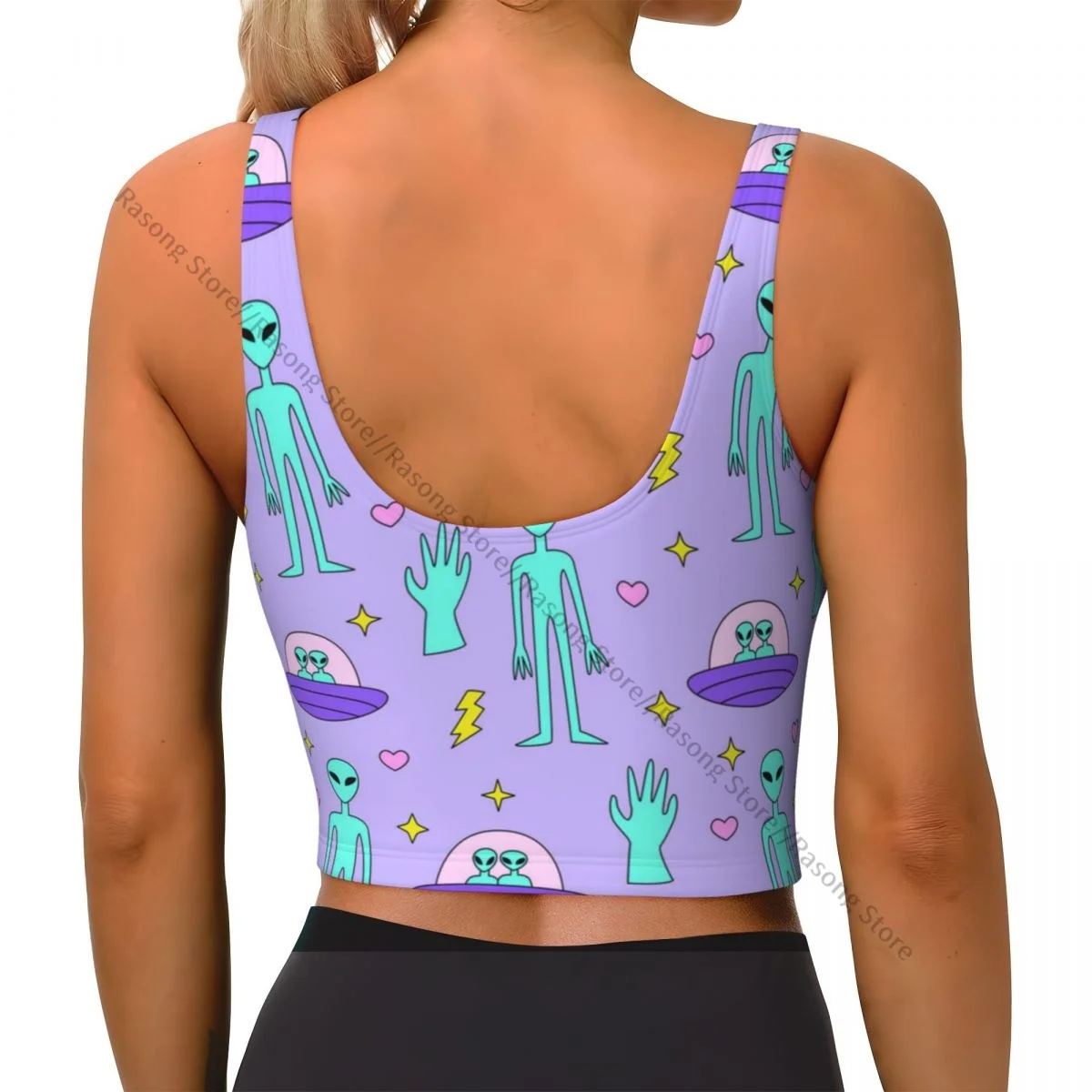 Yoga Vest Women Gym Sports Crop Tops Cute Aliens And UFO Ships Stars Hearts Streetwear Workout Breathable Tank Top Female