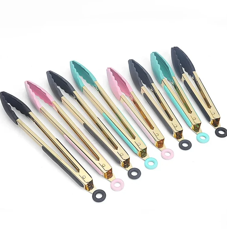 9 Inch 12 Inch BBQ Kitchen Utensils Nutcracker Home Goods Gold Plated High Temperature Resistant Non-Slip Silicone Food Tongs