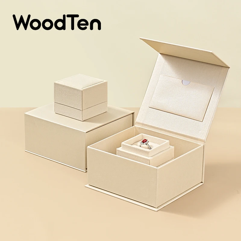 

Подарочная коробка для колец WoodTen с крышкой, магнитные шкатулки для драгоценностей для свадебного предложения, подарок на день рождения с карточкой, бархатная упаковочная коробка