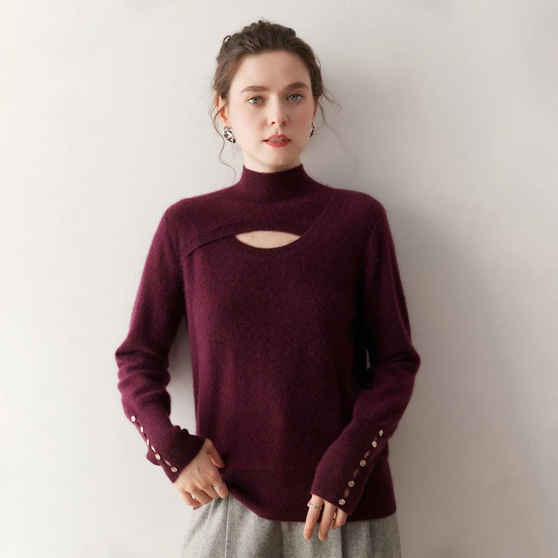 ANGEL Donna Autunno Inverno 100% Cashmere Pullover Maglione Mezza alta collo cavo Pullover Design con bottoni Cashmere New Chic Top