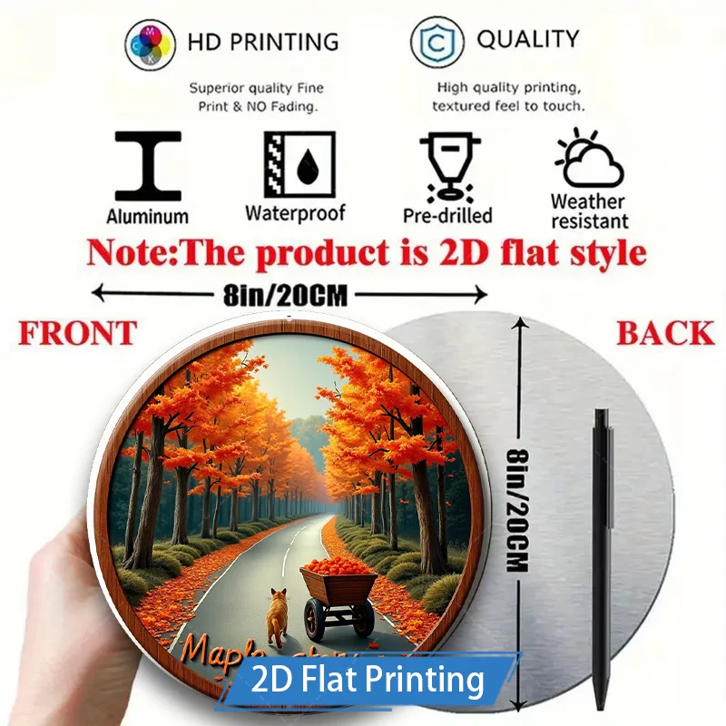 1pc 8x8inch Metal Sign "Autumn Maple Lane 2D Flat Printing Wall Art Decor"