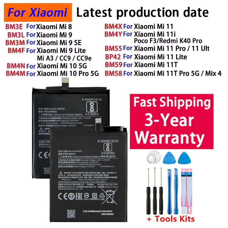 2026 Years 100% Original  BM3L BM3E BM3M BM4F Battery For Xiaomi Mi 11T 11i 11 10 9 8 Ultra SE Lite A3 Mix 4 Pro 5G Batteries