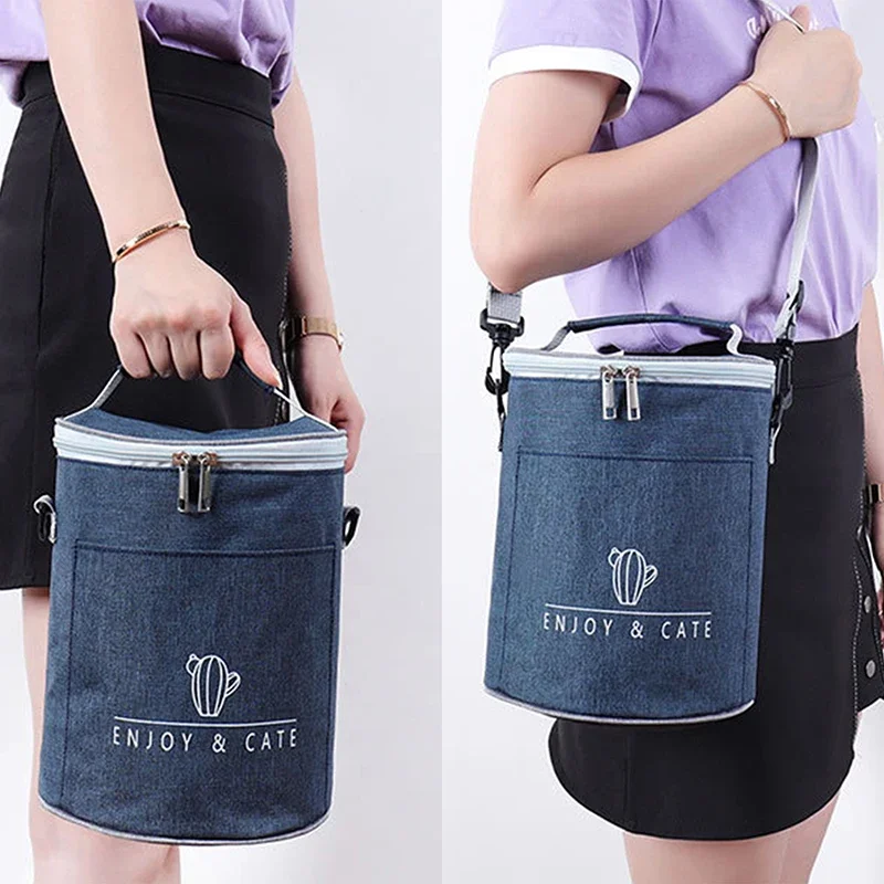 Large-Capacity Portable Lunch Bag Fresh-Keeping Thickened Lunch Box Bag Round Barrel Aluminum Foil Insulation Bags 2023 New