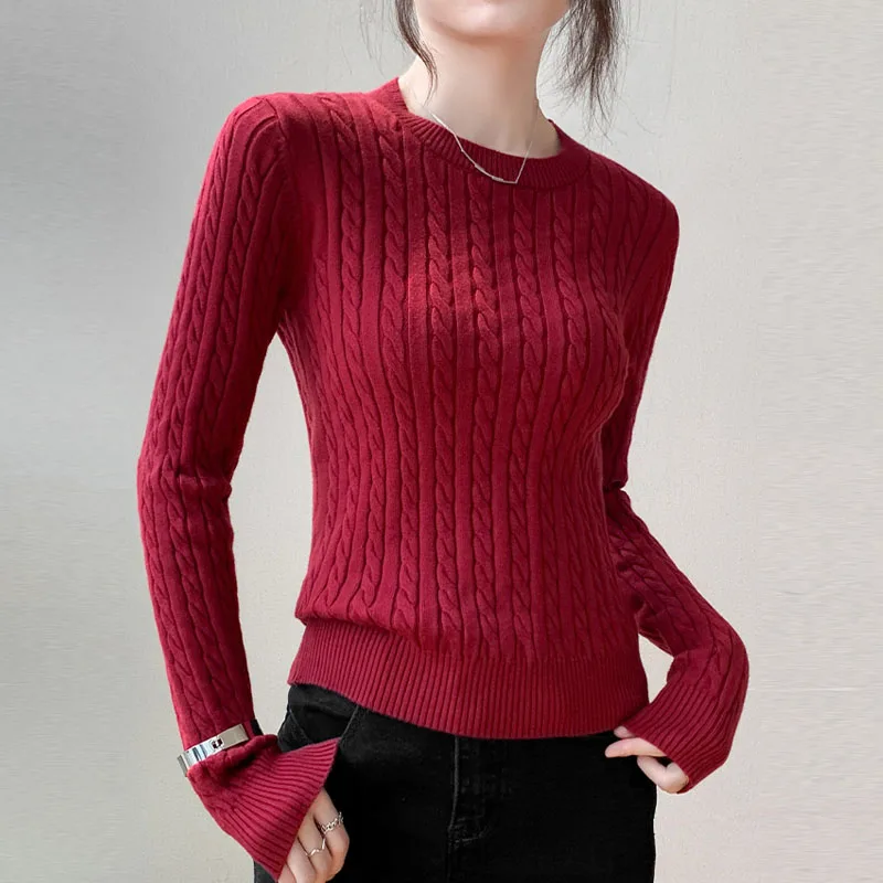 Czarny sweter damski z okrągłym dekoltem, dzianinowy, dopasowany, z długim rękawem, nowy model, bluzki damskie, swetry Q2354