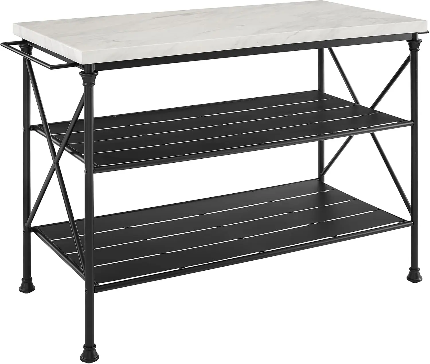 Madeleine Kitchen Island With Shelves For Storage, Microwave Stand, Coffee Bar, Steel With Faux Marble Top