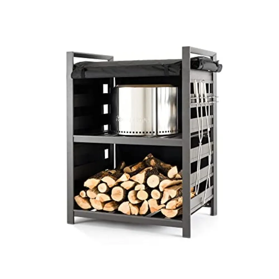 

Outdoor fire pit log storage rack 4.4ft aluminum firewood rack with UV-coated cover, two-shelf design, black finish, rust-resis