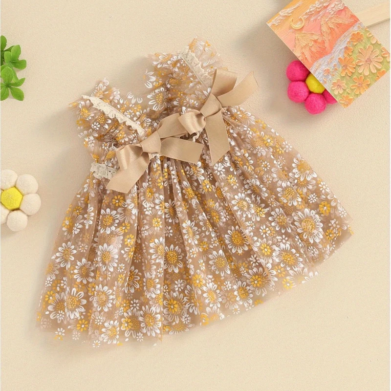 

Newborn Photography Clothing Adorable Daisy Print Sleeves Tulle Dress Golden Elegant Lace Mesh Skirt For Photo Shoot