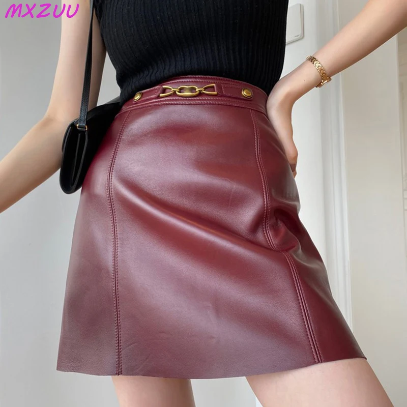 

Korean Style Falda De Cuero Mujer Genuine Sheepskin High Waist Wrap Hip Jupe Femme Zipper Metal Buckle Slim Short A-line Skirt