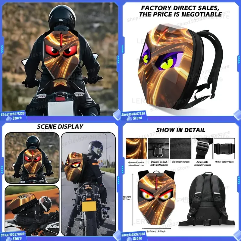 LED Knight Backpack with Symphony PC Hard Shell and Devil's Eye Helmet Bag Large Capacity Outdoor Riding Highlight Screen