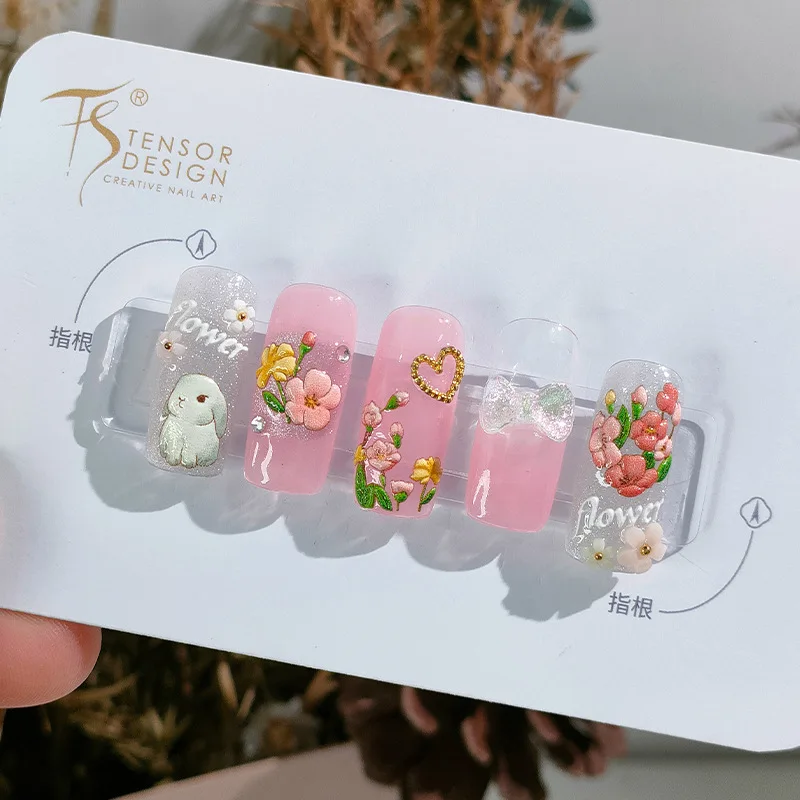 Autocollants de dessin animé de lapin de belles fleurs, 5D, doux, gaufré, Charleroi, ps, auto-adhésif, Nail Art, mignon, 3D, manucure, décalcomanies, vente en gros