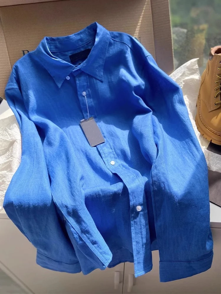 

Klein синий хлопок и лен irt женский весенне-осенний свободный ленивый отложной воротник длинный свек повседневный льняной солнцезащитный топ