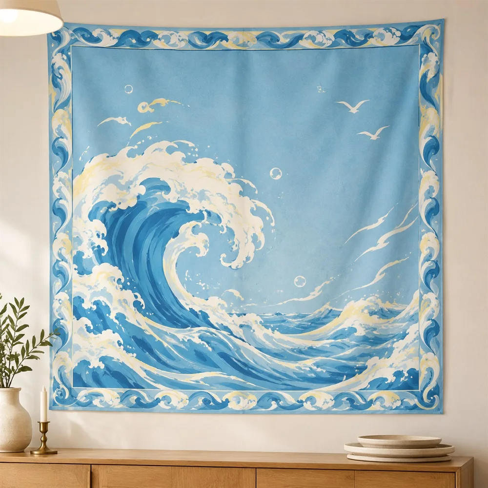 VIKAMA Ocean Wave Tapestry Wall Hanging, Aesthetic Surf Room Decor Wall Art, Coastal Scene Tapestries for Bedroom Living Room