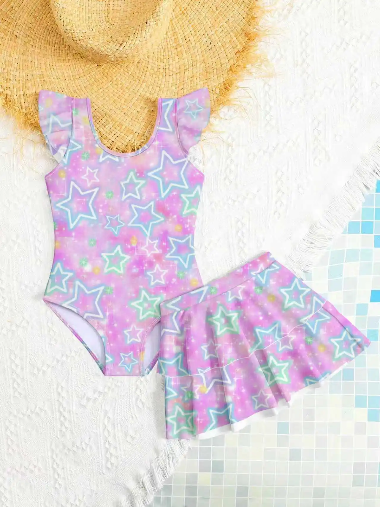 Kids Girls 2 Piece Pink Star Print One Piece Swimsuit with Ruffle Skirt Cover Up Summer Beach Swimwear