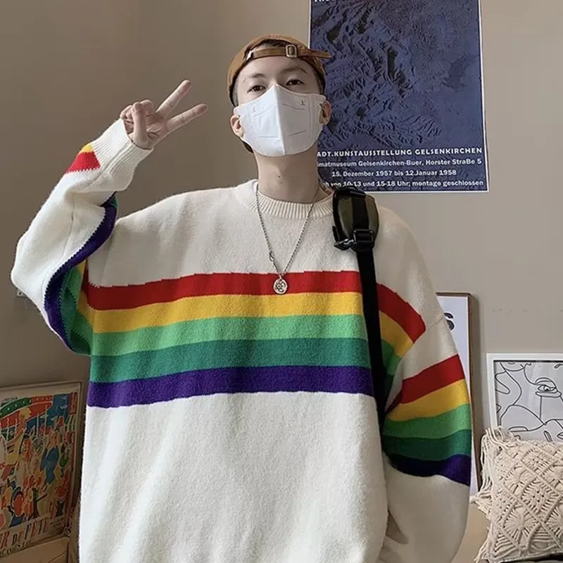 Rainbow Striped Sweaters Men O-neck Slouchy Autumn Panelled Baggy Pullover Unisex Prevalent Japanese Style Full Sleeve All-match