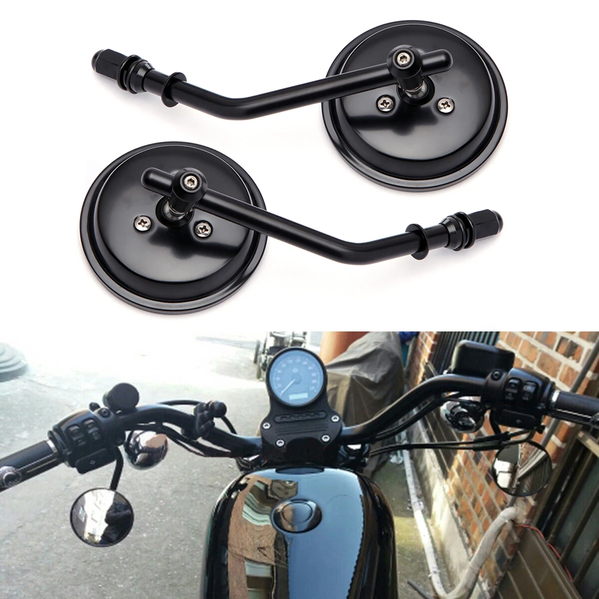 

2Pcs/Pair 8mm Motorcycle Rearview Side Mirrors Convex Chrome/ Black Round Mirror Short Stem For Harley Kawasaki Yamaha