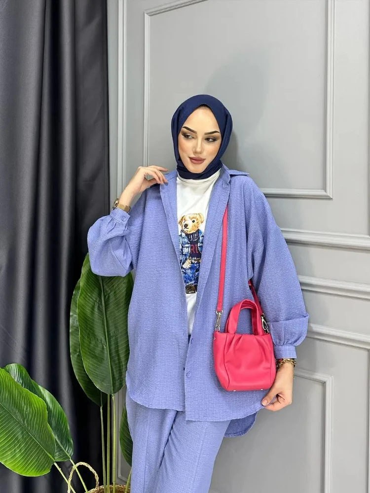 Women Eid Muslim Sets Single Breasted Two Pieces Cardigan Ensemble Kaftan Button Blouses Wide Leg Pants Arab Sporty Loose